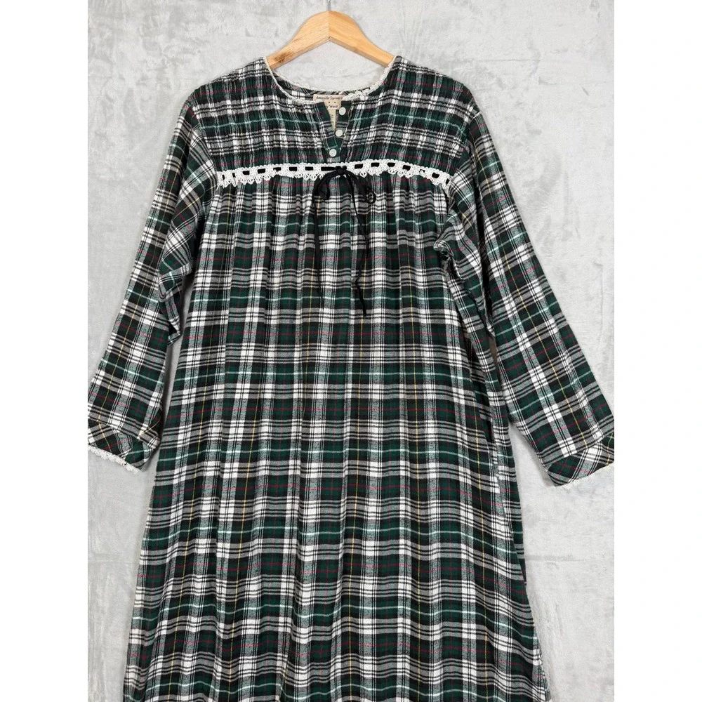 VTG Amanda Stewart Plaid Nightgown Medium Green White Cotton Flannel Lace Trim - Picture 4 of 11